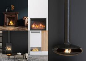 collage con hermosas y modernas chimeneas. distribución con lujosas chimeneas a gas, eléctricas y de leña. diseño de interiores de estilo contemporáneo. fuego ardiente ambiente acogedor y relajado. procesamiento 3d foto