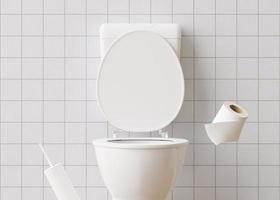 White ceramic toilet, WC in white room. Hygiene, defecation, problems with digestion, constipation, diarrhea concept. Toilet room, close up view. 3D rendering. photo