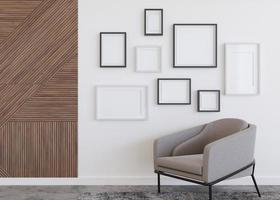 Various empty picture frames on white wall in modern room. Mock up interior in contemporary style. Free, copy space for pictures, posters, artworks or photos. Group of frames. 3D render. photo