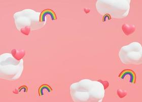 Pink background with hearts, clouds, rainbows with lgbt colors and copy space. Valentine's Day backdrop. Empty space for advertising text. Diversity, homosexuality. LGBT community. Banner. 3D render. photo