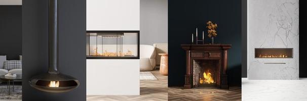 Collage with beautiful and modern fireplaces. Banner with luxury gas, electric, wood burning fireplaces. Contemporary style interior design. Burning fire. Cosy, relaxed atmosphere. 3D render.