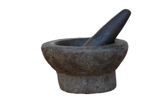 Old granite mortar and pestle on white background. Concept, kitchen utensils .Thai cooking tool, use to  pound chili paste or curry paste. photo