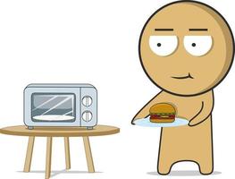 Boy with a hamburger near the microwave vector