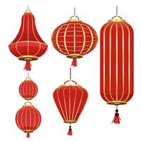 Vector set of red Chinese lanterns round and cylindrical shape