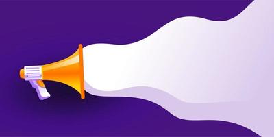 orange and yellow realistic 3d megaphone vector illustration on purple background, loudspeaker concept of join us, job vacancy and announcement in modern flat cartoon style design