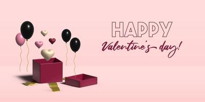 pancarta 3d del día de san valentín con una caja de regalo abierta, corazones volando fuera de la caja, globos rosas y negros e inscripción feliz del día de san valentín. foto