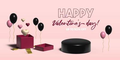 banner 3d de venta del día de san valentín con una caja de regalo abierta, corazones volando fuera de la caja, globos rosas y negros, podio e inscripción del día de san valentín feliz. foto