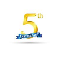5th golden Anniversary logo with blue ribbon isolated on white background. 3d gold Anniversary logo vector