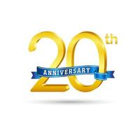 20th golden Anniversary logo with blue ribbon isolated on white background. 3d gold Anniversary logo vector