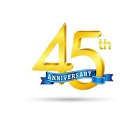 45th golden Anniversary logo with blue ribbon isolated on white background. 3d gold Anniversary logo vector