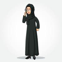 Arabic Businesswoman cartoon Character in traditional clothes holding a magnifying glass vector