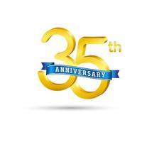 35th golden Anniversary logo with blue ribbon isolated on white background. 3d gold Anniversary logo vector