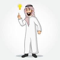 Arabic Businessman cartoon Character in traditional clothes pointing up to the bright idea bulb as a symbol of having an idea vector