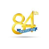 84th golden Anniversary logo with blue ribbon isolated on white background. 3d gold Anniversary logo vector