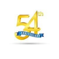 54th golden Anniversary logo with blue ribbon isolated on white background. 3d gold Anniversary logo vector