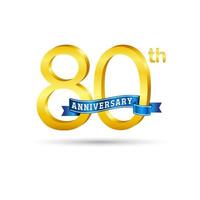 Logotipo del 80 aniversario de oro con cinta azul aislada en fondo blanco. logotipo de aniversario de oro 3d vector
