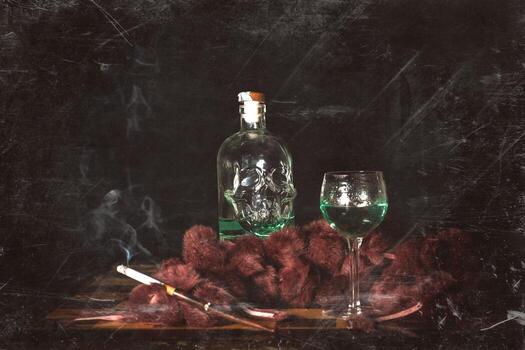 Cigarette lit with alcohol. lean on a 30s scarf Vintage style photography with created artifacts. photo