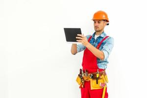 Cheerful Technician Holding tablet Over White Background photo