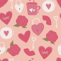 Seamless pattern with red hearts, declarations of love and more. Valentine's day background with symbols of love, romance and passion. Vector illustration for wrapping paper, wallpaper.