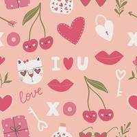 Seamless pattern with red hearts, declarations of love and more. Valentine's day background with symbols of love, romance and passion. Vector illustration for wrapping paper, wallpaper.