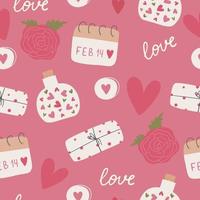 Seamless pattern with red hearts, declarations of love and more. Valentine's day background with symbols of love, romance and passion. Vector illustration for wrapping paper, wallpaper.