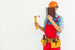 worker with notebook over white background photo