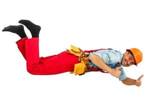 Construction site worker flies on white background photo