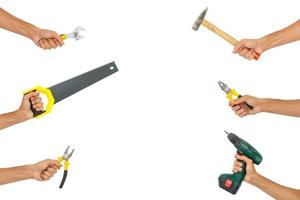 Hands holding construction tools isolated on white background. Banner, collage photo