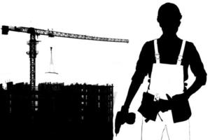 Sea jib cranes. Worker brigadier. Vector set of black figures on a white background. photo