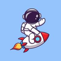 lindo astronauta montando cohete y agitando la mano ilustración de icono de vector de dibujos animados. ciencia tecnología icono concepto aislado vector premium. estilo de dibujos animados plana