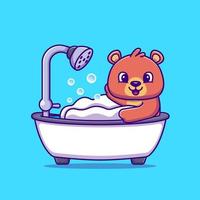 Cute Bear Bathing Shower In Bathtub Cartoon Vector Icon Illustration. Animal Icon Concept Isolated Premium Vector. Flat Cartoon Style