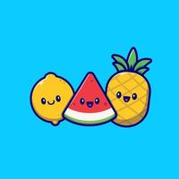 linda ilustración de icono de vector de dibujos animados de limón, sandía y piña. concepto de icono de fruta tropical de verano vector premium aislado. estilo de dibujos animados plana