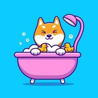 Cute Shiba Inu Bathing Shower In Bathtub Cartoon Vector Icon Illustration. Animal Love Icon Concept Isolated Premium Vector. Flat Cartoon Style