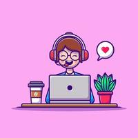 Woman Customer Service working on Laptop with Headphone. People Technology Icon Concept Isolated Premium Vector. Flat Cartoon Style vector