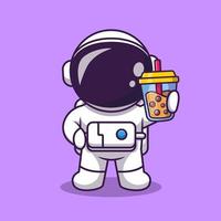 lindo astronauta sosteniendo boba leche té dibujos animados vector icono ilustración. concepto de icono de comida y bebida de ciencia vector premium aislado. estilo de dibujos animados plana