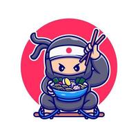 Cute Ninja Eating Ramen Noodle Cartoon Vector Icon Illustration. People Food Icon Concept Isolated Premium Vector. Flat Cartoon Style