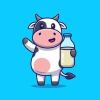 Linda vaca sosteniendo la ilustración de icono de vector de dibujos animados de leche. concepto de icono de bebida animal vector premium aislado. estilo de dibujos animados plana