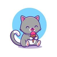 lindo gato comiendo helado dibujos animados vector icono ilustración. concepto de icono de comida animal vector premium aislado. estilo de dibujos animados plana