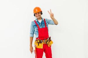Male worker with headphones over white background. photo