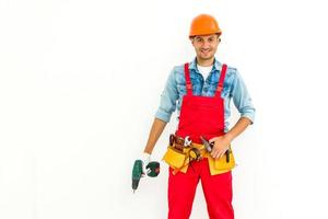 Stock image of male construction worker over white background photo
