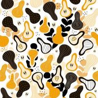 Seamless fruit pattern orange and black pear with leaves on a white background vector