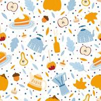 Cozy autumn pattern with pumpkin pie, apple and pear, coffee and tea on white background vector