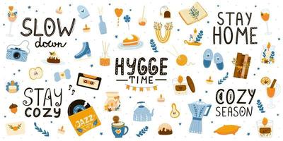 Big collecton of hygge elements in cartoon style with lettering vector