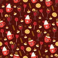 Cozy winter hot drinks pattern on red background, mulled wine and hot cacao with cinnamon vector