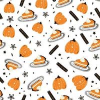 Cozy autumn pumpkin pie and cinnamon spice pattern on white background in cartoon style vector