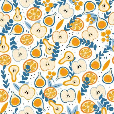 Bright summer seamless pattern with fruits - figs and apples, oranges and pears in cartoon style isolated on white background