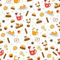 Cozy autumn or winter pattern with pastry and hot drinks on white background vector