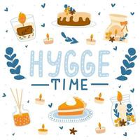 Hygge time collection, concept of winter comfort and coziness with candles and pastry vector