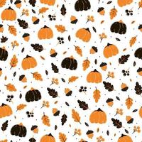 Cozy fall pumpkin pattern with leaves and acorn on white background, time for hygge vector