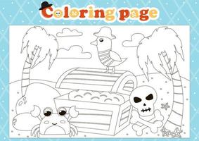 página para colorear con temática pirata para niños con lindos personajes de animales y cofre con monedas vector